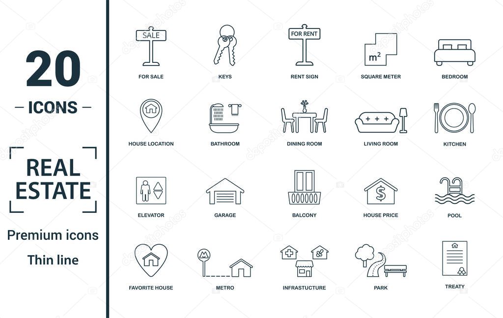 Real Estate icon set. Include creative elements for sale, rent sign, house location, living room, elevator icons. Can be used for report, presentation, diagram, web design.