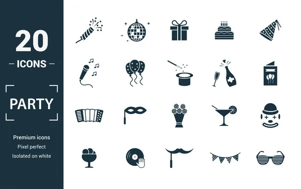Icono de fiesta conjunto de iconos. Incluye elementos creativos flapper con confeti, regalo, karaoke, champán, iconos armónicos. Puede ser utilizado para el informe, presentación, diagrama, diseño web — Foto de Stock