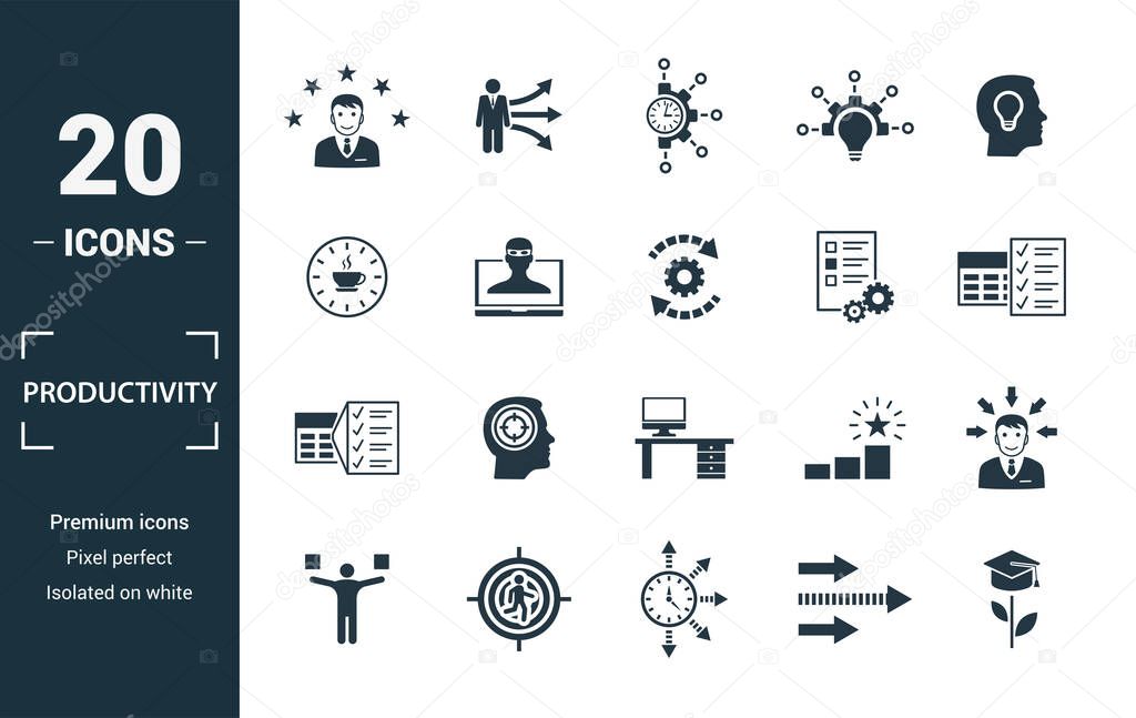 Productivity icon set. Include creative elements skill, time management, coffee break, work plan, daily tasks icons. Can be used for report, presentation, diagram, web design