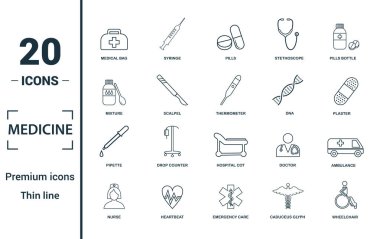 İlaç ikonu seti. Yaratıcı unsurlar, tıbbi çantalar, haplar, karışım, DNA, pipet simgeleri. Rapor, sunum, diyagram, web tasarımı için kullanılabilir