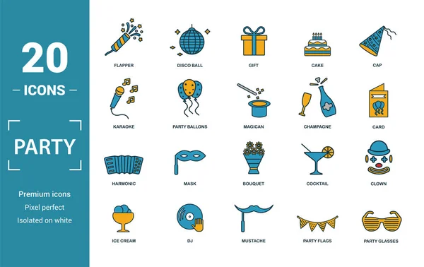 Party Icon icon set. Include creative elements flapper with confetti, gift, karaoke, champagne, harmonic icons. Can be used for report, presentation, diagram, web design