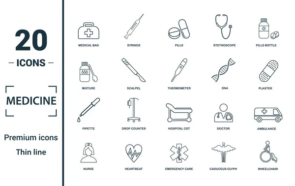 Ikona medicíny nastavena. Obsahuje kreativní prvky lékařské tašky, pilulky, směs, DNA, pipety ikony. Lze použít pro sestavu, prezentaci, diagram, webdesign — Stock fotografie