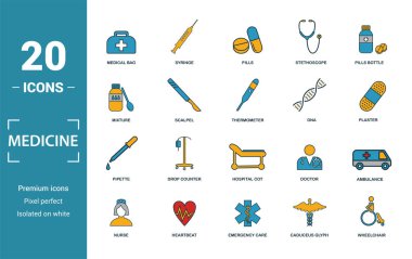 İlaç ikonu seti. Yaratıcı unsurlar, tıbbi çantalar, haplar, karışım, DNA, pipet simgeleri. Rapor, sunum, diyagram, web tasarımı için kullanılabilir
