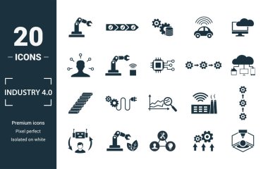 Sanayi 4.0 simgesi seti. Yaratıcı elementlerin otomasyonu, veri yönetimi, iş zekası, yatay bütünleşme, OSİ model simgeleri dahil. Rapor, sunum, diyagram, web tasarımı için kullanılabilir