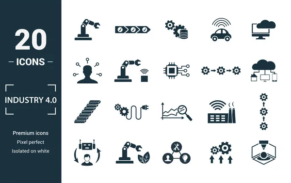 Industri 4.0 ikon set. Inkludera kreativa element automatisering, datahantering, business intelligence, horisontell integration, osi modell ikoner. Kan användas för rapport, presentation, diagram, webbdesign — Stockfoto