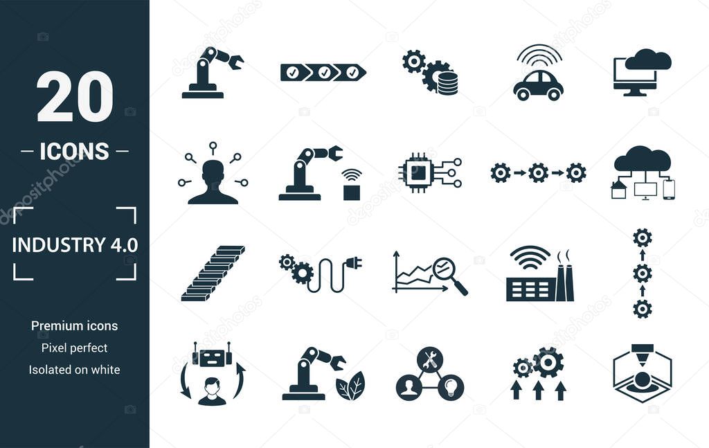 Industry 4.0 icon set. Include creative elements automation, data management, business intelligence, horizontal integration, osi model icons. Can be used for report, presentation, diagram, web design