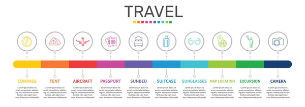 Travel Infografica Progettazione Vettoriale Concetto Linea Temporale Include Bussola Tenda — Vettoriale Stock