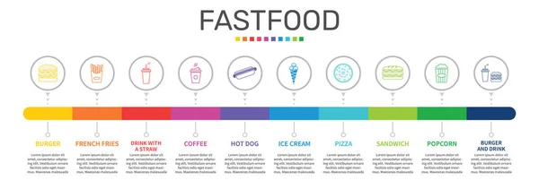 Fastfood infographics vektordesign. Zeitleiste Konzept gehören Burger, Pommes frites, Getränk mit einem Strohhalm Symbole. kann für Bericht, Präsentation, Diagramm, Webdesign verwendet werden — Stockvektor