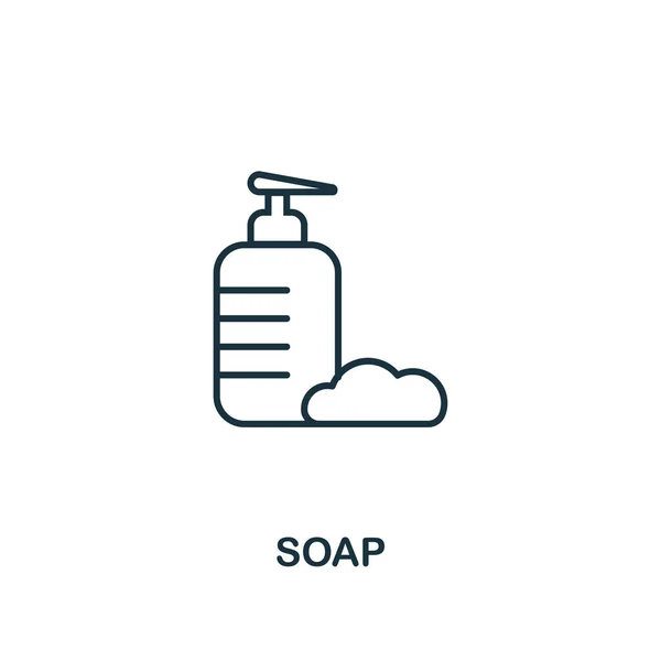 石鹸アイコン。衛生コレクションからラインスタイル要素。Webデザインとインフォグラフィックのための薄い石鹸アイコン — ストックベクタ