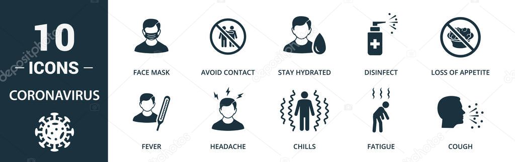 Coronavirus icon set. Collection contain fever, headache, chills, fatigue, cough, vomiting, stay, home, pandemic, pneumonia, shortness, coronavirus and over icons. Coronavirus elements set.