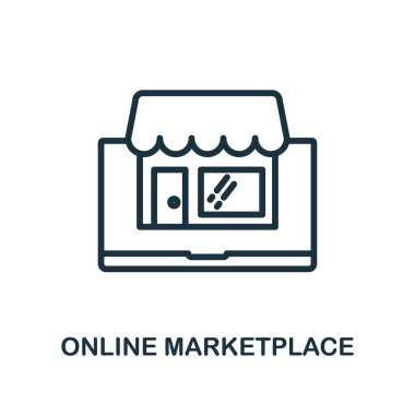 Çevrimiçi Pazar ikonu. E-ticaret simgeleri koleksiyonundan satır biçimi basit öge. Piksel web tasarımı, uygulamalar, yazılımlar, yazdırma kullanımı için basit bir çevrimiçi pazar simgesi