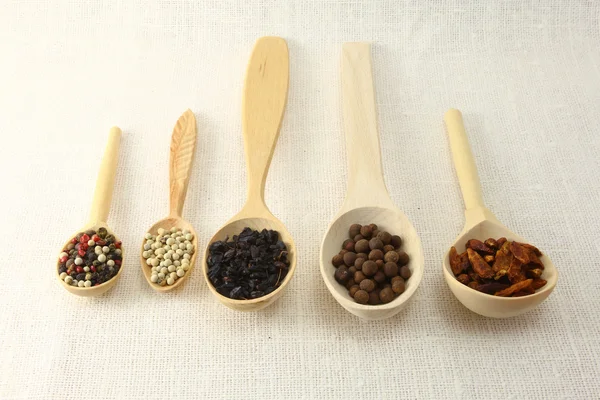 Spezie ed erbe aromatiche in ciotole di legno. Ingredienti della cucina alimentare. Colorato — Foto Stock