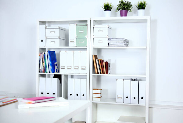 File folders, standing on the shelves at office.