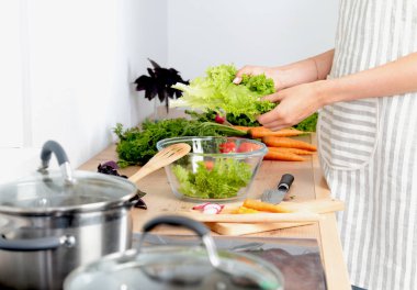 Sebze salatası - atış closeup hazırlanıyor aşçılar eller