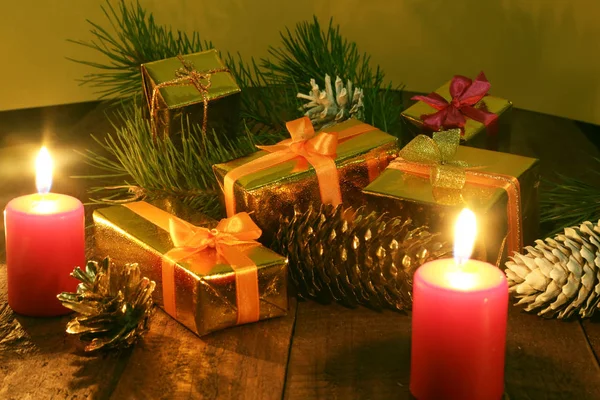 Christmas or New Year gifts on wooden background — Stock Photo, Image