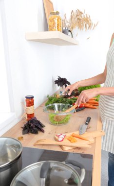 Kesme tahtası üzerinde taze sebze tencerede pişirme kavramı düşüyor