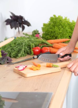 Kesme tahtası üzerinde taze sebze tencerede pişirme kavramı düşüyor