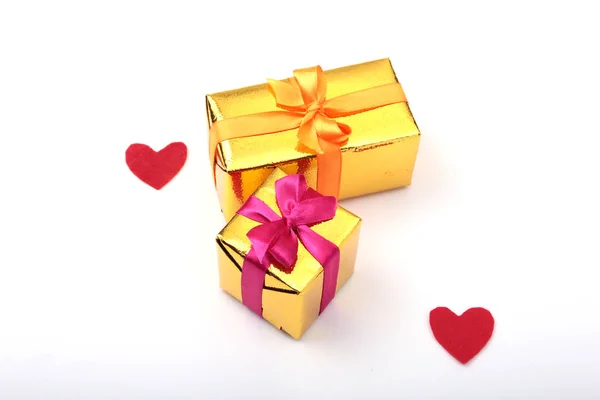 Valentines day red heart, gift box on white background. Holidays card with copy space. — Stock Photo, Image