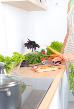 Kesme tahtası üzerinde taze sebze tencerede pişirme kavramı düşüyor