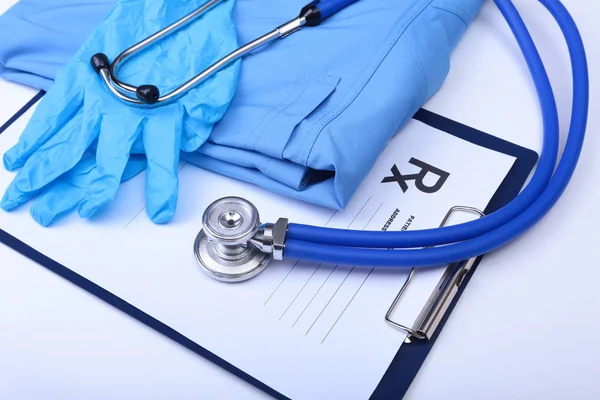 Mavi doktor Tekdüzen portre sağlık stetoskop, eldiven, Rx reçete. Tıbbi Araçlar ve aletler Salonu, therapeutist çalışma alanı, fiziksel, kan basıncı ölçüm kavramı