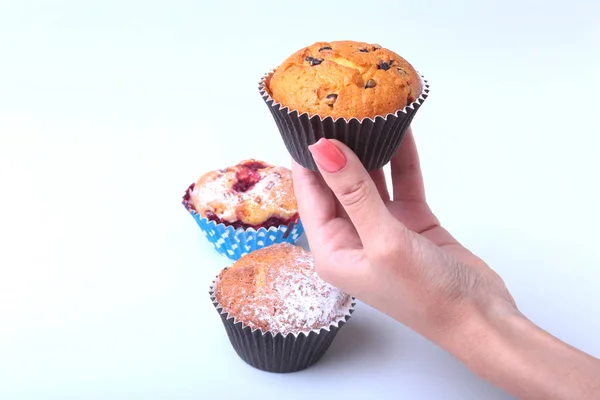 Muffin fatti in casa al cioccolato al mirtillo con zucchero a velo e bacche fresche in mano alla donna . — Foto Stock