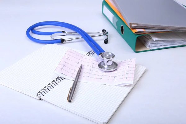 Folder file, stethoscope and RX prescription on the desk. blurred background. — Stock Photo, Image