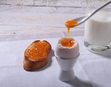 Sabah Kahvaltı ekmek tost ve bardakta süt yumurta, portakal reçeli ile ayarlama.