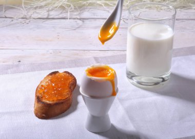 Sabah Kahvaltı ekmek tost ve bardakta süt yumurta, portakal reçeli ile ayarlama.