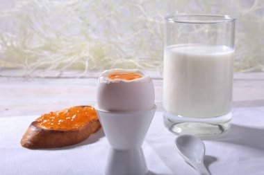 Sabah Kahvaltı ekmek tost ve bardakta süt yumurta, portakal reçeli ile ayarlama.