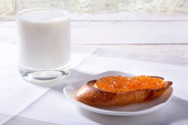 Sabah Kahvaltı ekmek tost ve süt bardakta portakal reçeli ile ayarlama.