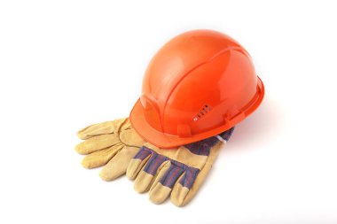 Turuncu baret, emniyet eldiven beyaz arka plan üzerinde. Güvenlik kask.