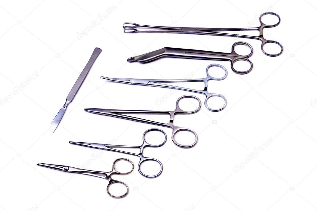 Medical and surgery instruments isolated on white background