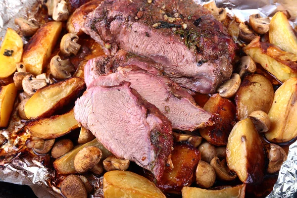 Grilled pork meat with potatoes. barbecue. Selective focus.