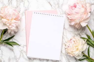 Güzel beyaz şakayık çiçeği ve mermer arka planda bir defter.
