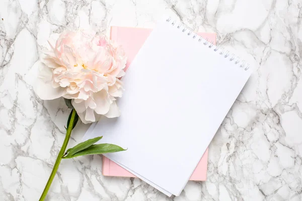 Güzel pastel pembe şakayık çiçeği ve mermer arka planda bir defter. Kadın iş günü.