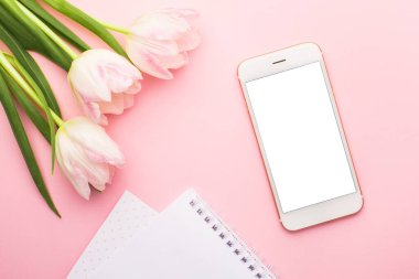 Cep telefonu, not defteri ve pembe arka planda bahar çiçeği pembe laleleri. Aşk teması, Anneler Günü, Kadınlar Günü düz bir görünüm.