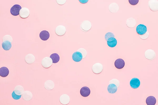 Confeti Azul Blanco Lila Sobre Fondo Papel Color Rosa Vista — Foto de Stock