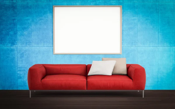 Creative front view mock up : living room sofa with painting can — Stock Photo, Image