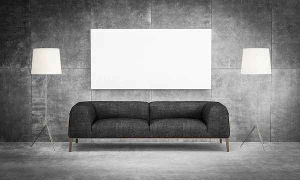 Creative front view mock up : liveing room sofa with painting ca — Stock Photo, Image