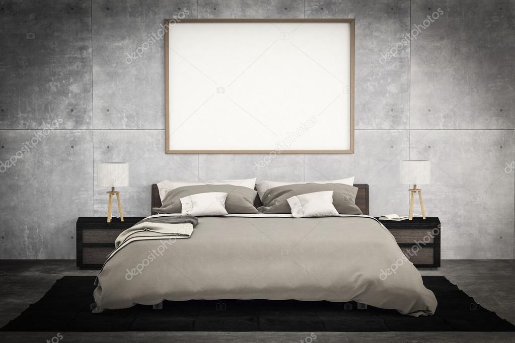 creative front view mock up : bed room with painting canvas on t
