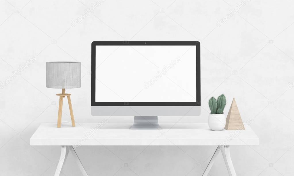 creative mockup computer on white wall background
