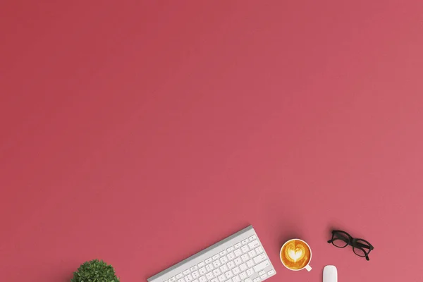 computer keyboard and mouse with coffee on color background