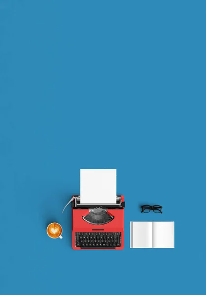 Vintage typywriter with coffee latte and book open on color back — Stock Photo, Image