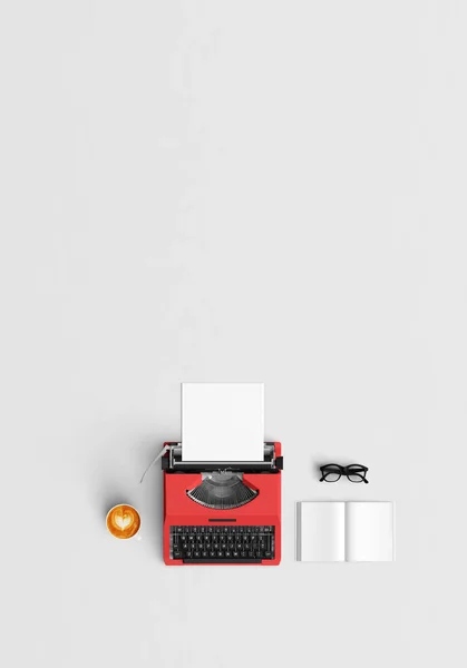 Vintage typywriter with coffee latte and book open on color back — Stock Photo, Image