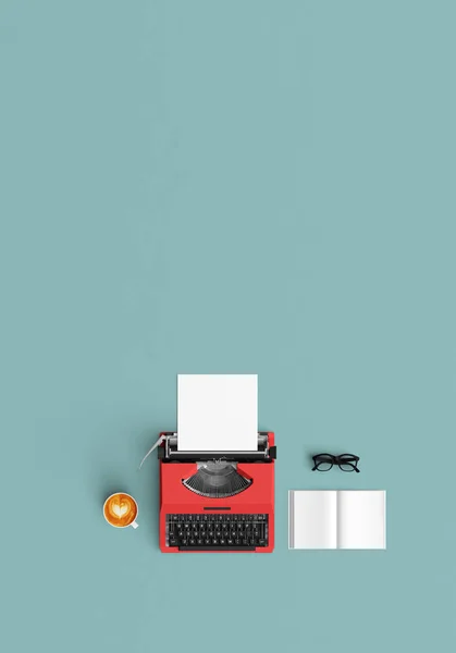 Vintage typywriter with coffee latte and book open on color back — Stock Photo, Image