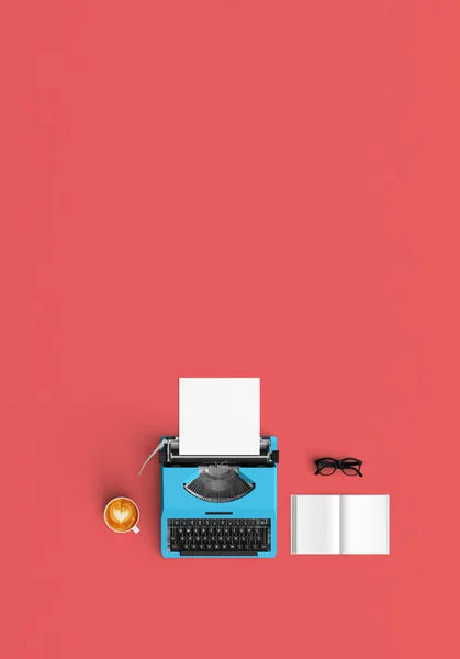 Máquina de escribir vintage con café con leche y libro abierto en color de nuevo — Foto de Stock
