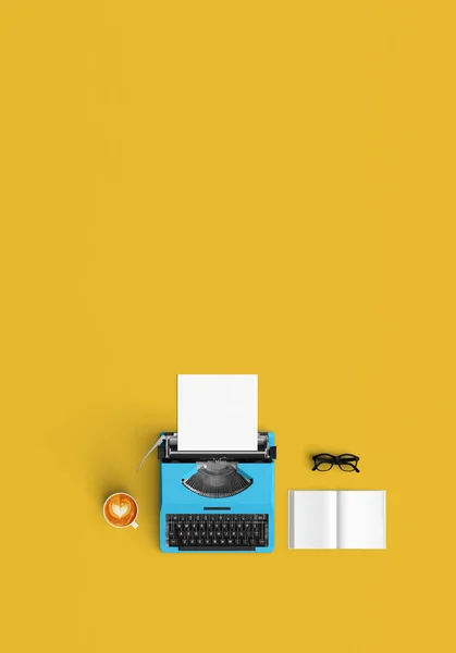 Machine à écrire vintage avec café latte et livre ouvert sur la couleur arrière — Photo