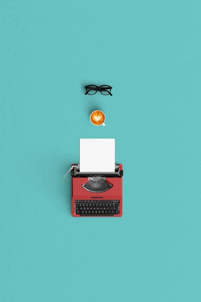 Vintage typywriter with coffee latte and book open on color back — Stock Photo, Image