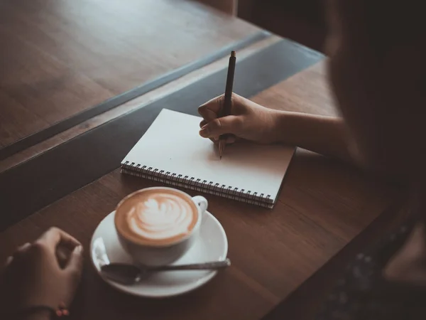 Cup Coffee Latte Art Wood Desk Coffee Shop Cafe Vintage — Stock Photo, Image