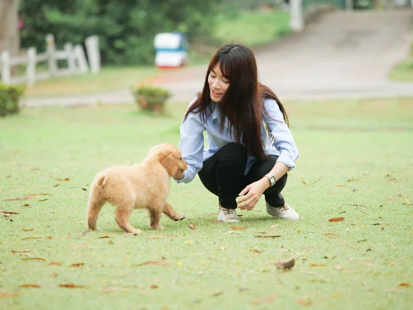 Aziatische vrouw spelen puppy hondje in park — Stockfoto